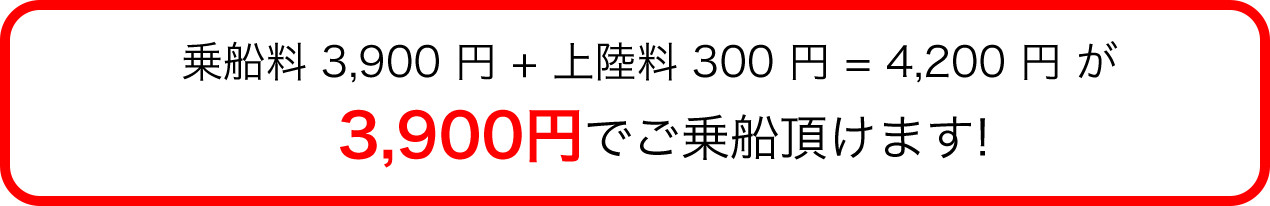 乗船料 3,900 円 + 上陸料 300 円 = 4,200 円 が3,900円でご乗船頂けます!